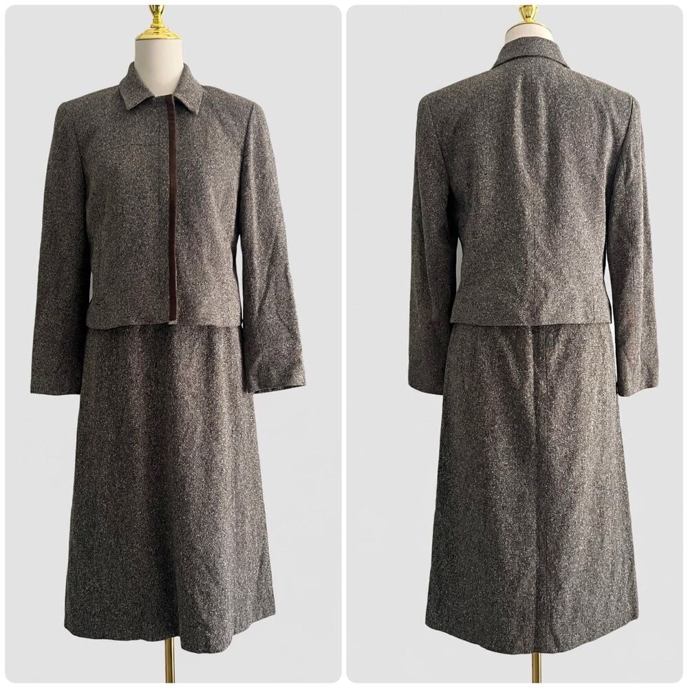 Vintage Ann Taylor Tweed Skirt Suit 6 Brown Wool Silk Blend Blazer Skirt Set